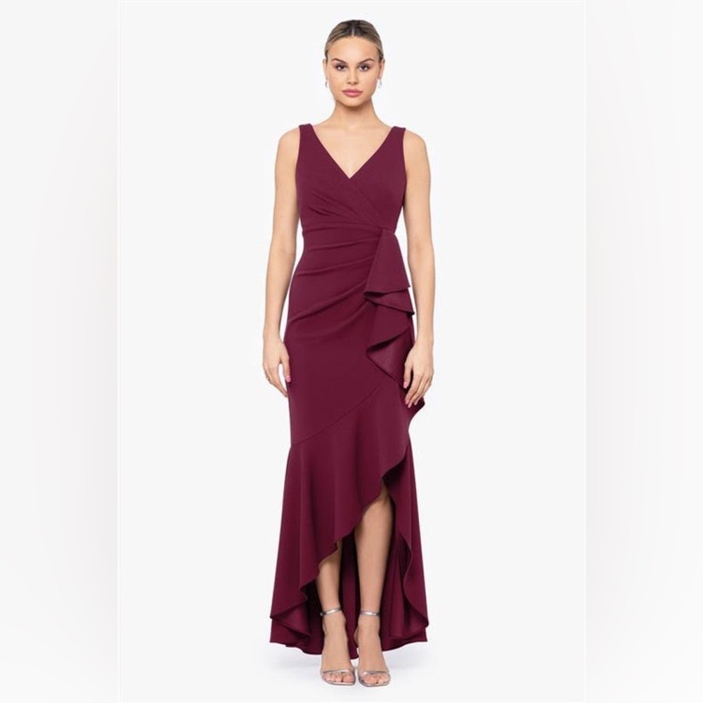 BETSY & ADAM CANDACE" LONG V- NECK HI LOW CASCADE DRESS SIZE 8 B2503
